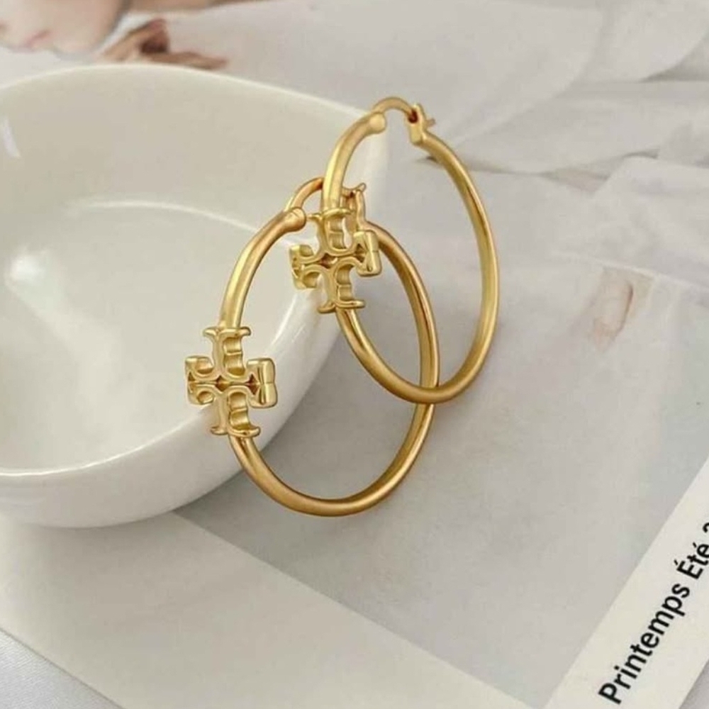 Tory Burch Gold Logo Hoop Earrings